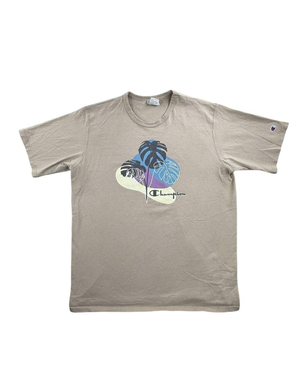 Vintage Champion Shirt Mens 2XL Beige Tropical Monstera Leaf Graphic Tee Logo